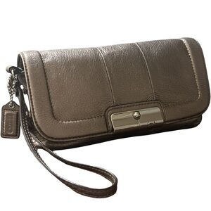 Coach Kristin Metallic Pewter Soft Pebble Leather Wallet, Wristlet Purse